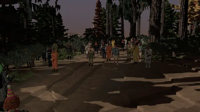 A horde of turned staff comes down the road for the rig.