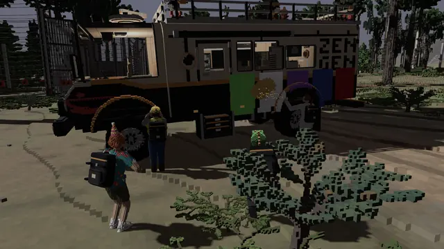 The crew dances by the rig and sprays paint on its side.