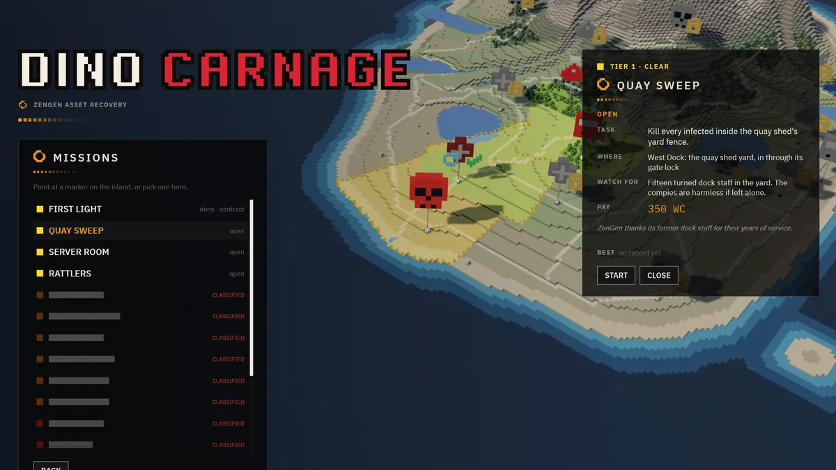 The main menu: the voxel island map, the list of missions, and the briefing for Quay Sweep, a tier 1 clear-out.