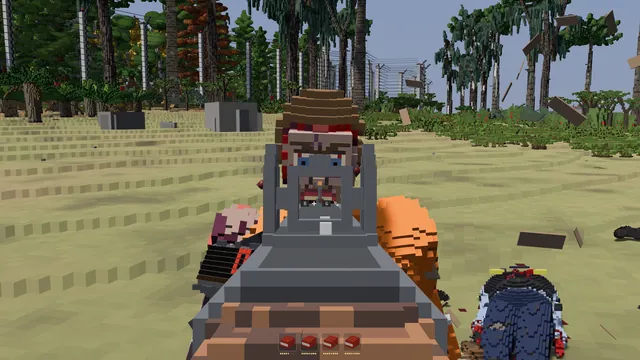 A shotgun levelled at a zombie at arm's length.