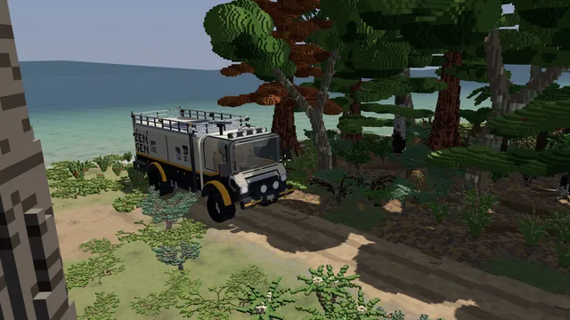 The rig on a coast road through voxel jungle.