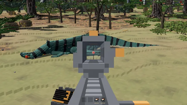 Through the dart gun's sight, a tranquilized dinosaur asleep in the grass.