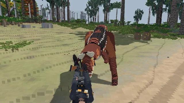 A Carnotaurus charges a crewmate on open ground.