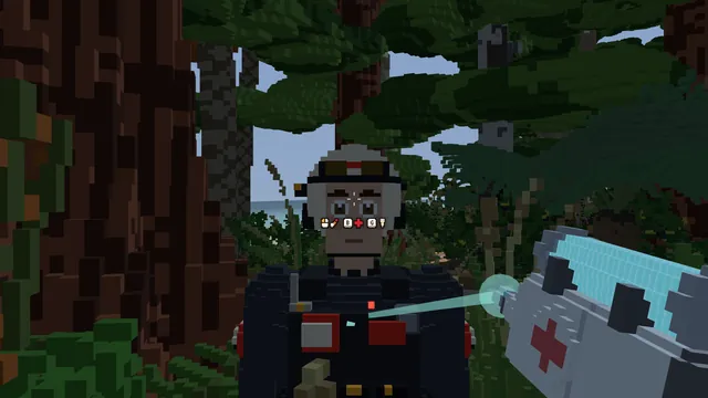 Mending a wounded crewmate in the jungle with the med gun.